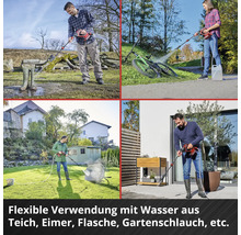 Akku-Druckreiniger: Reinigung von Stiefeln, Fahrrad, Schubkarre und Terrasse mit Wasser aus verschiedenen Quellen.