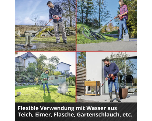 Akku-Druckreiniger: Reinigung von Stiefeln, Fahrrad, Schubkarre und Terrasse mit Wasser aus verschiedenen Quellen.