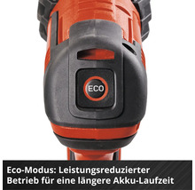 Nahaufnahme der Eco-Modus Taste an einem elektrischen Werkzeug für eine längere Akkulaufzeit.