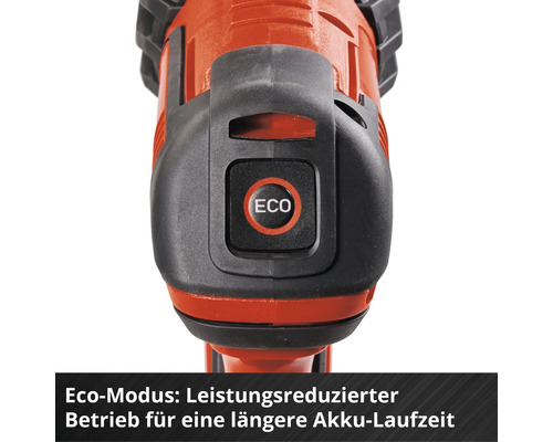 Nahaufnahme der Eco-Modus Taste an einem elektrischen Werkzeug für eine längere Akkulaufzeit.
