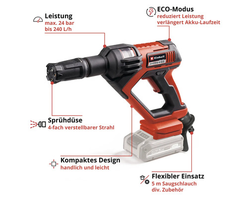 Einhell Akku-Druckreiniger Hypresso mit maximal 24 bar, 4-fach verstellbarer Düse, ECO-Modus, kompaktem Design und 5 Meter Saugschlauch.