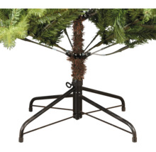 Detailansicht eines Metallständers für einen künstlichen Weihnachtsbaum mit vier Standfüßen und Klappmechanismus der Zweige am Stamm.