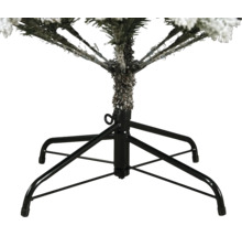 Detailaufnahme eines schwarzen Weihnachtsbaumständers aus Metall mit vier Beinen und einer Feststellschraube für einen verschneiten Tannenbaum.