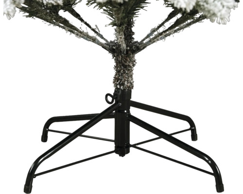 Detailaufnahme eines schwarzen Weihnachtsbaumständers aus Metall mit vier Beinen und einer Feststellschraube für einen verschneiten Tannenbaum.