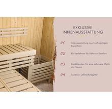 Sauna-Innenausstattung aus Espenholz mit Holzbänken, Rückenlehne, Bankblende und Ofenschutzgitter.