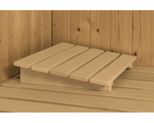Ergonomische Saunakopfstütze aus Holz mit fünf Latten auf einer Saunabank.