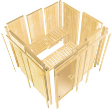 Explosionszeichnung einer modularen Heimsauna aus Holz mit Wandpaneelen, zwei Saunabänken und einer Glastür.