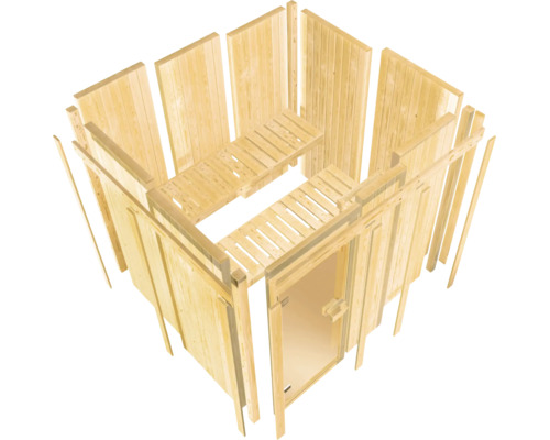 Explosionszeichnung einer modularen Heimsauna aus Holz mit Wandpaneelen, zwei Saunabänken und einer Glastür.