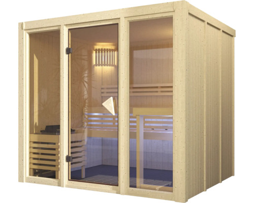 Moderne Heimsauna aus hellem Holz mit großer Glasfront, Glastür, Holzbänken und Saunaofen im Innenbereich.