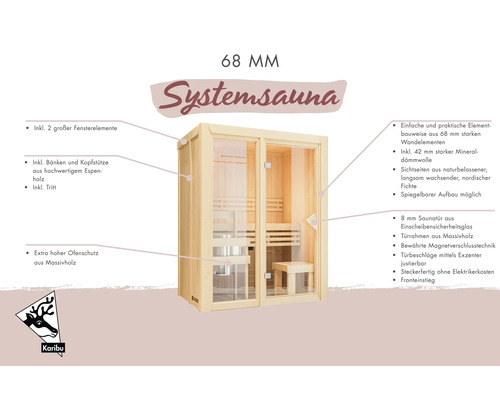 Karibu 68 Millimeter Systemsauna mit Glasfront, Bänken und Ofenschutz. Infografik mit Produktmerkmalen.