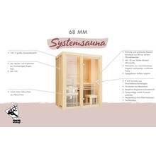 Infografik für eine Karibu 68 Millimeter Systemsauna mit Details zu Wandstärke, Fenstern, Innenausstattung aus Espenholz und Glastür.