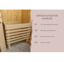Ofenschutzgitter Superior aus Espenholz für den Saunaofen mit Details zu Material und Schutz.