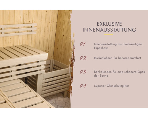 Sauna-Innenausstattung aus Espenholz mit Holzbänken, Rückenlehne und Ofenschutzgitter sowie Auflistung der Ausstattungsmerkmale.
