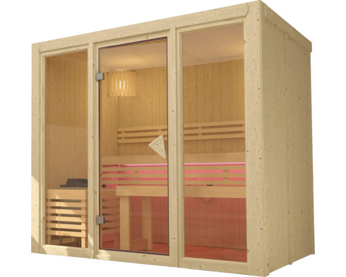 Massivholzsauna für den Innenbereich mit einer großen Glasfront, Holzbänken, Saunaofen und stimmungsvoller LED-Beleuchtung.