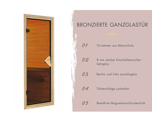 Saunatür aus bronziertem Ganzglas mit Massivholzrahmen und Auflistung der Produkteigenschaften wie 8 Millimeter Einscheibensicherheitsglas.