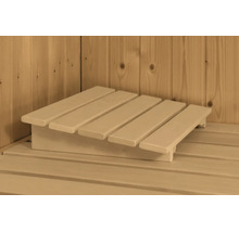 Ergonomische Kopfstütze aus hellem Holz für die Sauna.