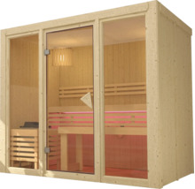 Heimsauna aus hellem Holz mit Glasfront, Holzbänken, Saunaofen und farbiger LED-Beleuchtung im Innenraum.