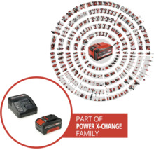 Übersicht der Einhell Power X-Change Familie mit einer Vielzahl an kompatiblen Werkzeugen und Gartengeräten für das 18 Volt Akku-System.