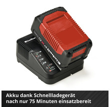 Einhell Power X-Change Akku 4,0 Amperestunden in einem Schnellladegerät mit Ladestandsanzeige.