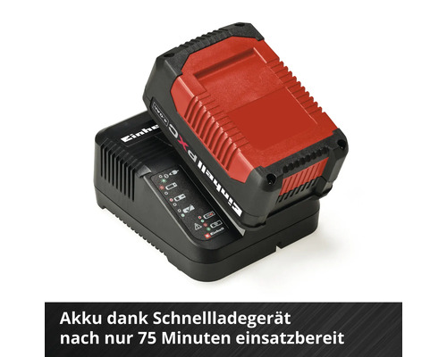 Einhell Power X-Change Akku 4,0 Amperestunden in einem Schnellladegerät mit Ladestandsanzeige.