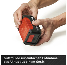 Einhell 4,0 Amperestunden Akku mit Griffmulde für die einfache Entnahme aus einem Gerät.