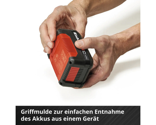 Einhell 4,0 Amperestunden Akku mit Griffmulde für die einfache Entnahme aus einem Gerät.