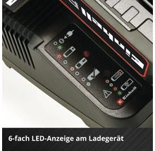 Einhell Akku-Ladegerät mit 6-stufiger LED-Statusanzeige und Symbolen für Ladefortschritt und Fehlermeldungen. Einhell Logo.