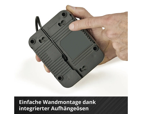 Rückseite eines elektronischen Geräts mit integrierten Aufhängeösen für die Wandmontage.