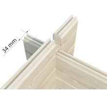 Eckverbindung von Holzbalken mit einer angezeigten Wandstärke von 34 Millimeter für Gartenhäuser.