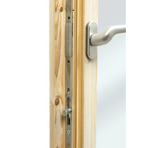 Nahaufnahme eines Fenstergriffs und Verriegelungsmechanismus an einem Holzrahmen.