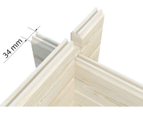 Detail einer Eckverbindung aus Holz für ein Gartenhaus mit einer Wandstärke von 34 Millimetern.