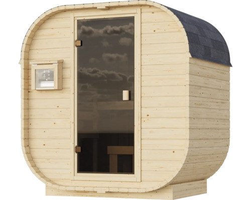 Fasssauna aus Holz mit Glastür für den Garten