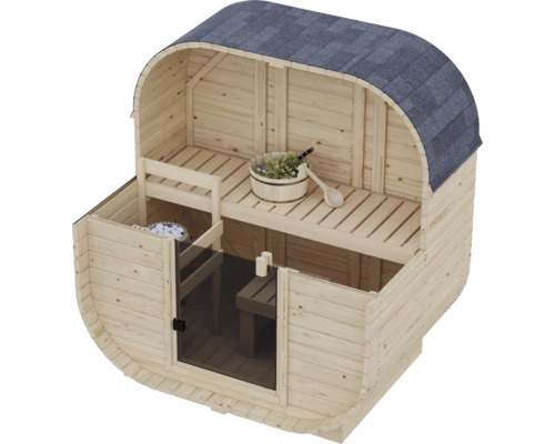 Fasssauna aus Holz mit gerundetem Dach und integriertem Saunaofen, Saunabank und Glasfront.