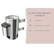 Finnischer Saunaofen mit 3,6 Kilowatt aus Edelstahl inklusive Diabassteinen und Kabeln zur Wandmontage mit 50 bis 80 Grad Celsius Temperaturwahl
