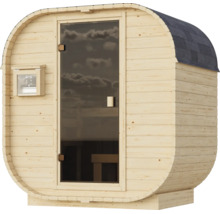 Fasssauna aus Holz mit Glastür und Bitumendachschindeln für den Garten.