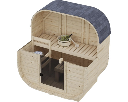 Fasssauna aus Holz mit Schindeldach, integrierter Sitzbank, Saunaeimer und Glaseinsatz in der Tür.