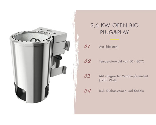 Edelstahl Saunaofen Bio Plug and Play mit 3,6 Kilowatt Leistung, integrierter 1200 Watt Verdampfereinheit, inklusive Diabassteinen und Kabeln.