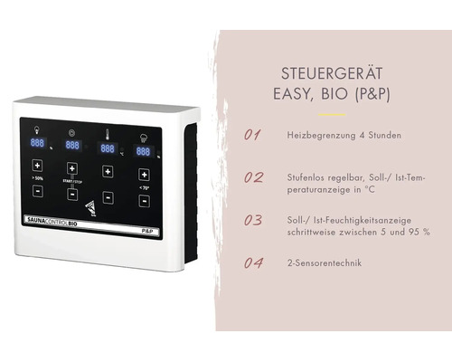 Saunasteuergerät Easy Bio für Saunaöfen mit digitaler Anzeige, Heizbegrenzung, stufenloser Temperaturregelung und Zwei Sensoren Technik.