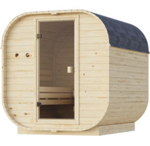 Fasssauna aus Holz mit Glastür und Dachschindeln für den Garten