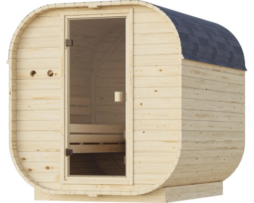 Fasssauna aus Holz mit Glastür und Dachschindeln für den Garten