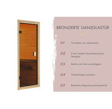 Bronzierte Sauna Ganzglastür mit Massivholzrahmen, 8 Millimeter Einscheibensicherheitsglas, justierbaren Beschlägen und Magnetverschluss.