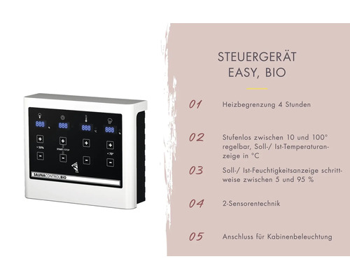 Saunasteuergerät Easy Bio mit digitalem Display zur Regelung von Temperatur und Feuchtigkeit sowie Anschluss für Kabinenbeleuchtung.