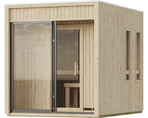 Moderne Heimsauna aus Massivholz mit großer Glasfront und Schiebetür sowie zwei seitlichen Fenstern.