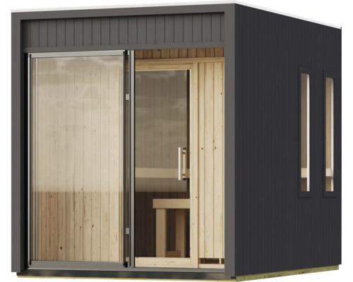 Moderne Gartensauna mit Holzwänden innen und Glasfront für den Außenbereich