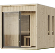 Moderne Gartensauna aus Holz mit Glasfront Schiebetür und schmalen Seitenfenstern für den Außenbereich