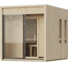 Moderne Gartensauna aus Holz mit bodentiefen Glaselementen und zwei schmalen Seitenfenstern.