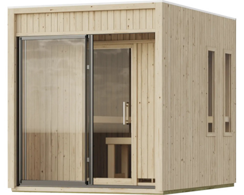 Moderne Gartensauna aus Holz mit bodentiefen Glaselementen und zwei schmalen Seitenfenstern.