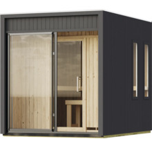 Moderne Gartensauna mit großen Glaselementen und Holzvertäfelung im Innenraum sowie dunkler Außenverkleidung.