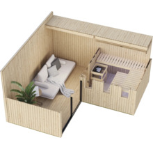Saunahaus mit integriertem Ruheraum, Holzkonstruktion mit moderner Inneneinrichtung inklusive Sofa und Saunaofen, isometrische Ansicht.
