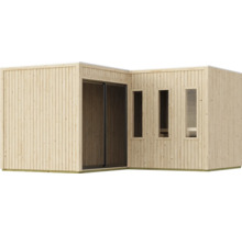 Modernes Gartenhaus aus Holz mit senkrechter Verschalung, Schiebetür und drei schmalen Fenstern für den Außenbereich.